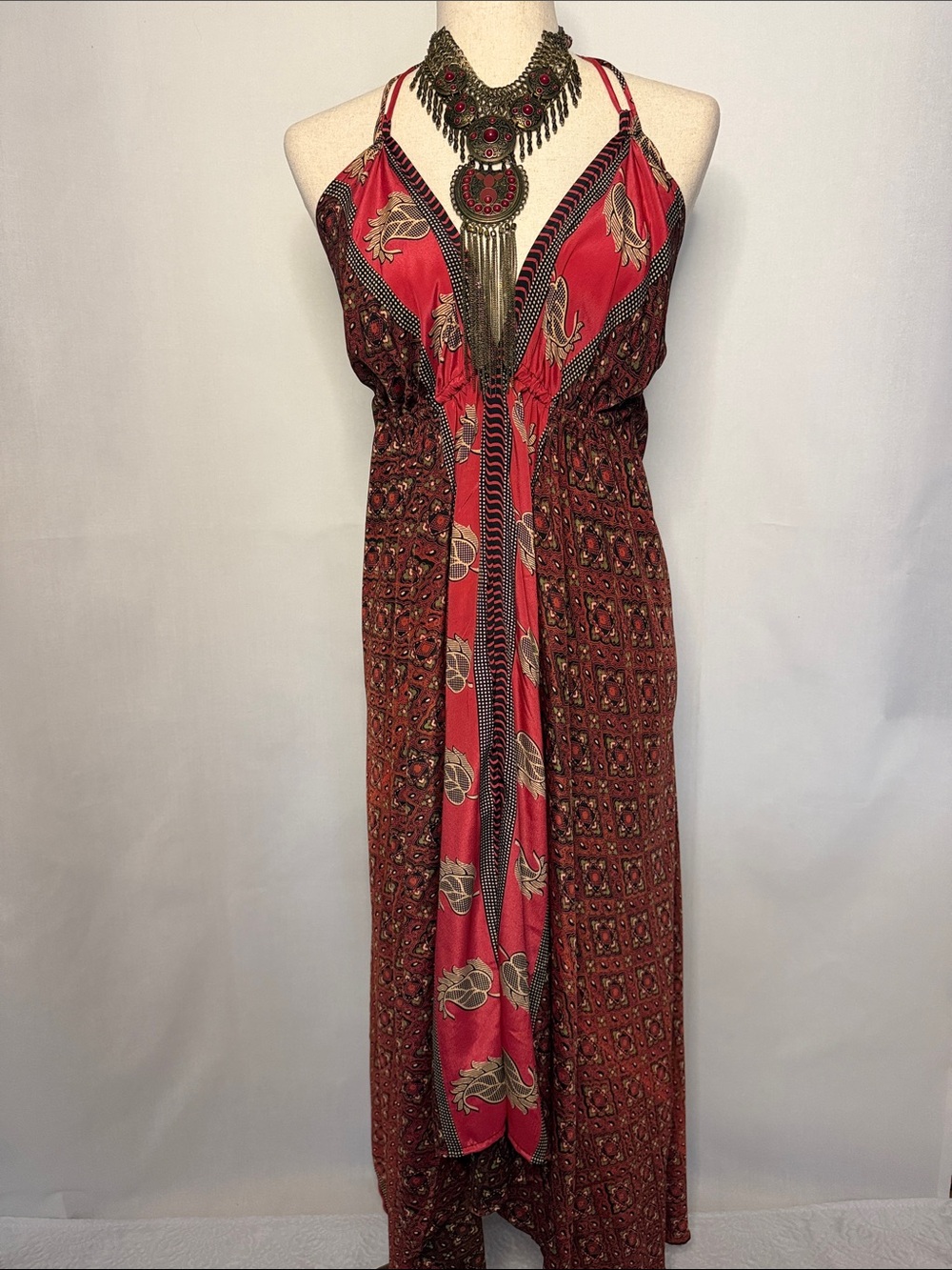 Boho Festival Geometric Pattern Halter Maxi Dress